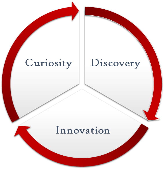Schematic illustrating research process cycle from curiosity to discovery to innovation